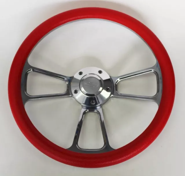 55 56 Chevy Bel Air Red and Billet Steering Wheel 14" Chevy Bowtie Cap