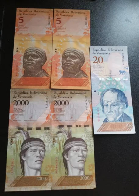 Banknoten Venezuela, 5 Scheine, versch. Jahrgänge, unc.