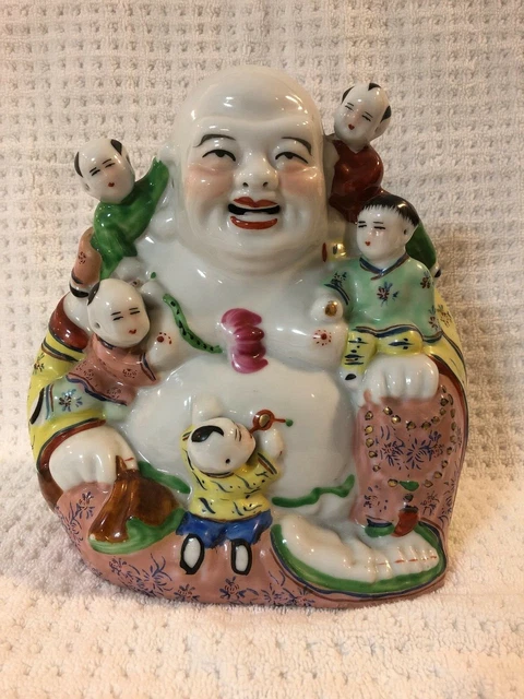 BEAUTIFUL VINTAGE HAPPY BUDDHA W/ 5 KIDS STATUE FIGURE 8.5 x 8 x 5 CERAMIC HEAVY