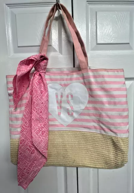 VICTORIA'S SECRET Canvas & Straw Beach Tote Bag Pink White Stripe With Scarf