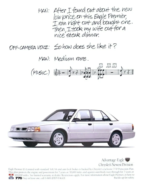 1990 EAGLE PREMIER ES Limited Combination of Performance & Comfort PRINT AD
