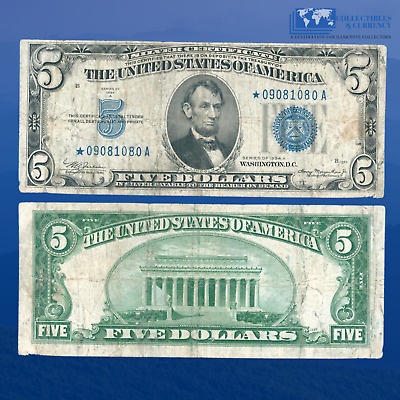 1934A $5 Five Dollars Star Note Silver Certificates Blue Seal, VG Condition