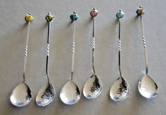 Set 6 Vintage Sargison’s Hobart Hand Beaten Silver Spoons Glass Bead Finials