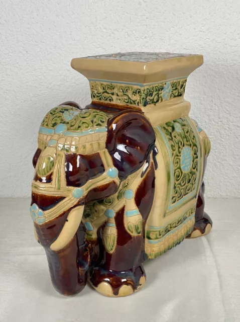 Ancien vintage grand éléphant en céramique porte plante émaillé et craquelé