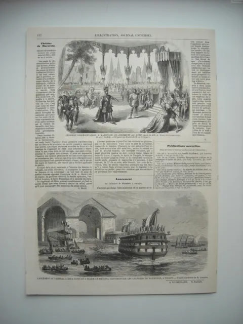 Gravure 1860. A Toulon, Lancement Du Vaisseau Le Massena. Theatre De Marseille..