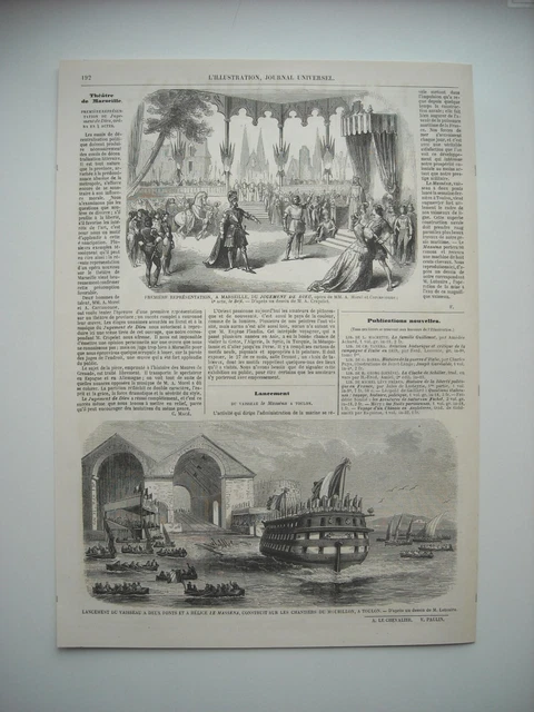 Gravure 1860. A Toulon, Lancement Du Vaisseau Le Massena. Theatre De Marseille..