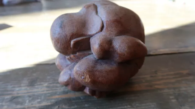 Vintage Wood Carved WEEPING BUDDHA Ball Statue 4.75"