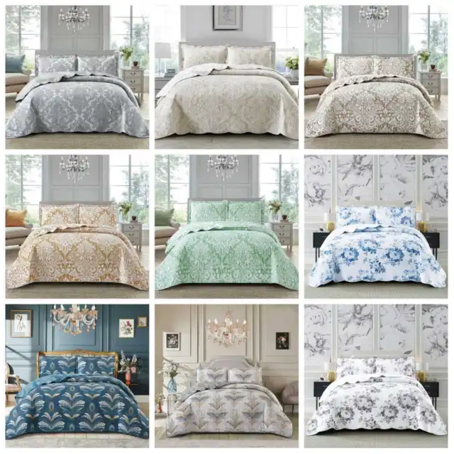 3 Piece Quilted Printed Patchwork Bedspread Comforter Throw Bedding Double King