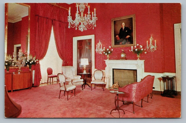 Washington DC The White House Red Room Interior View Postcard Vintage F9