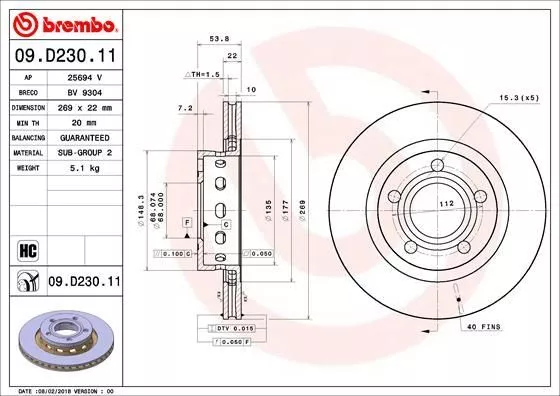 2x BREMBO Bremsscheibe 09.D230.11 für AUDI VW