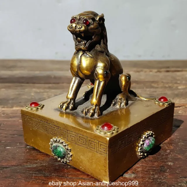 4.4" Alte China Bronze Gilt Edelsteine Dynastie Palast Drachenbestie Siegel Sieg