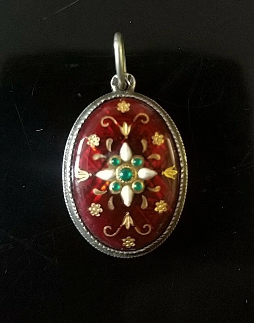 Pendentif Ancien En Argent Massif 925 - Émaillé XIXe Siècle - Bijou Vintage - Occasion