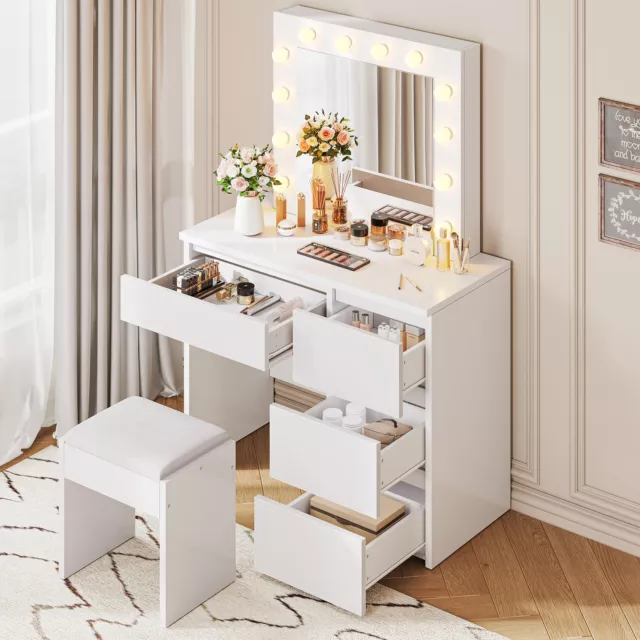 Dressing Table Vanity White with LED Mirror Stool Drawers Set Makeup Desk Chair 2