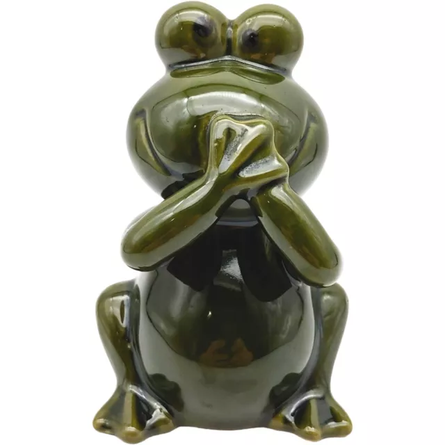 Ceramic Frog Coin Bank Figurine - 4" Dark Green vtg Cute Big Eyes Country Kitsch