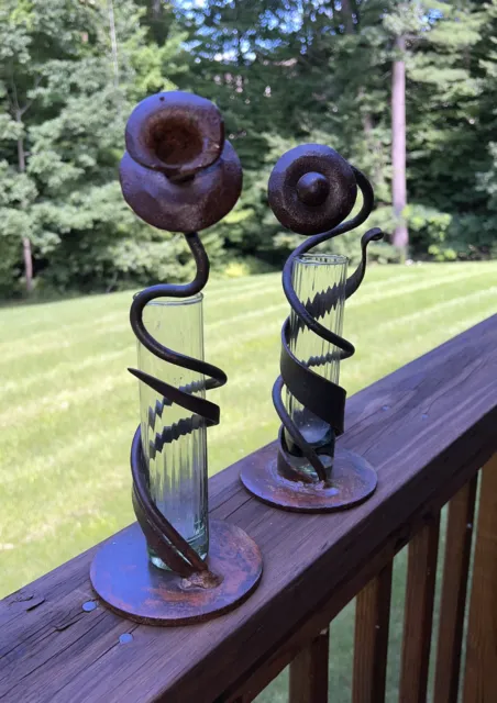 Brutalist Pair Hand Forged Iron Helix Flower Vases  Scalloped Glass Art Gallery