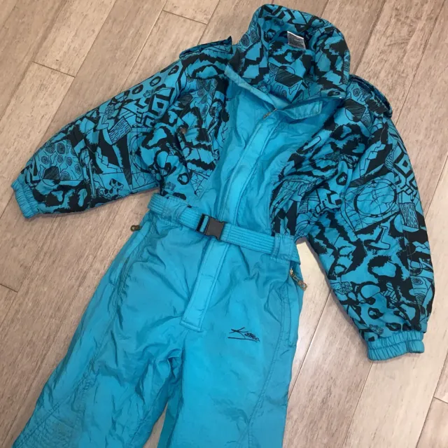 Womens Large One piece Ski Suit Snow Bib Apres Retro Snowsuit Teal VTG 80s 90s