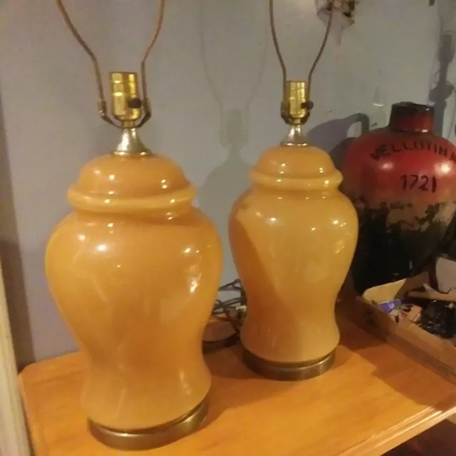 2 Peach Ceramic Ginger Jar Table Lamp 1950's Vintage MCM