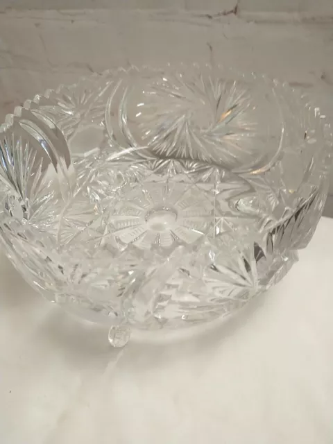 Vintage Crystal Cut Glass 3 Footed Heavy Bowl Pinwheel Sawtooth Edge 8" 2