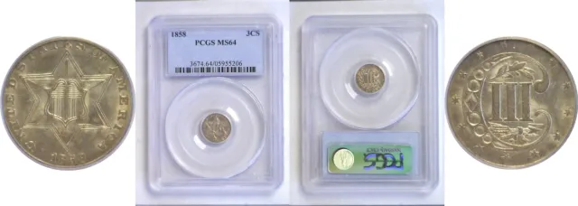 1858 Silver Three Cent Piece PCGS MS-64