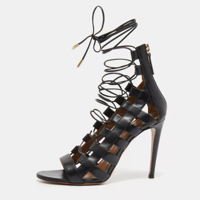 Aquazzura Black Leather Amazon Lace Up Open Toe Sandals Size 38