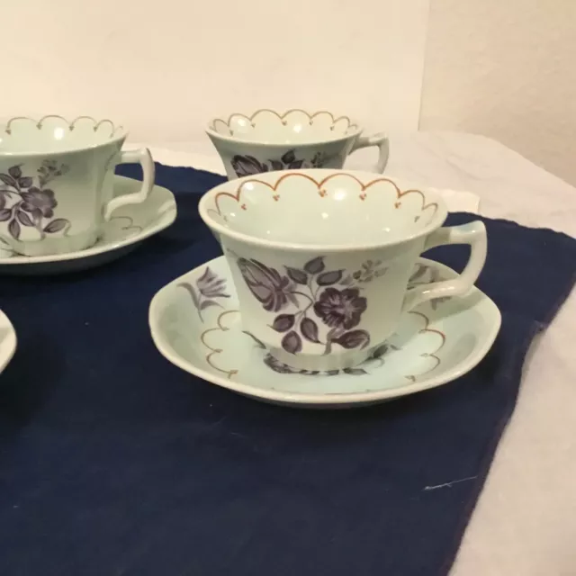 Vtg Adams Calyx Ware Regent Purple 5 Cups & 4 Saucers - - Red Backstamp 3