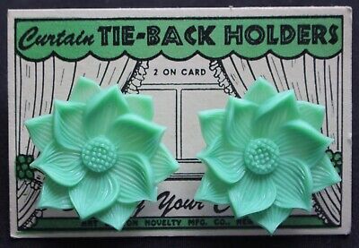 Vtg 1940’s ART BUTTON NOVELTY CURTAIN TIE-BACK HOLDERS - Green Flowers
