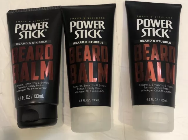 3 PK POWER STICK BEARDS STUBBLE, BEARD BALM W/ ARGON/ALMOND OIL 4.5 Oz BRAND NEW