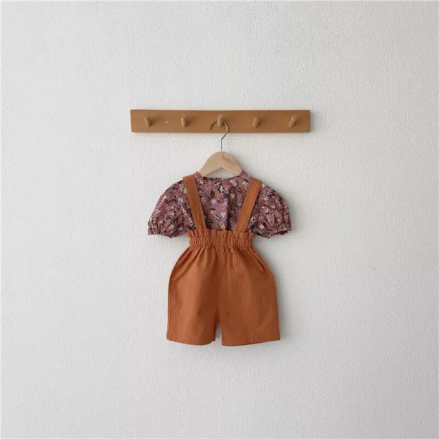 Baby Girl Cotton 2 piece Set Short Long Sleeve Ruffle Strap Skirt jumpsuit Brown