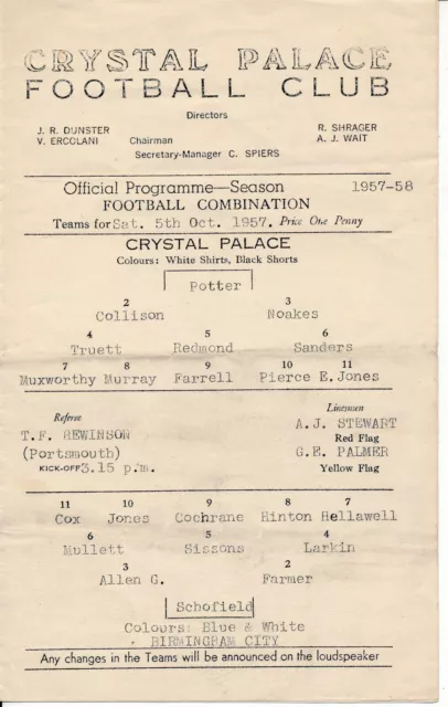 Crystal Palace Reserves v Birmingham City (Combination) 1957/1958