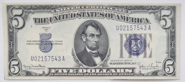 1934 D Five Dollar Silver Certificate Blue Seal Note $5 Bill Higher Grade #65517