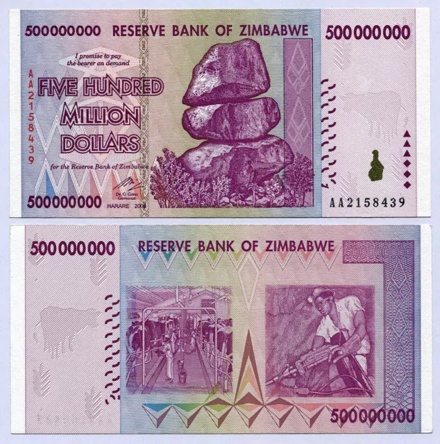 Simbabwe 500 Millionen Dollar x 5 Banknoten AA/AB Serie 2008 P82 UNC Geldscheine 2