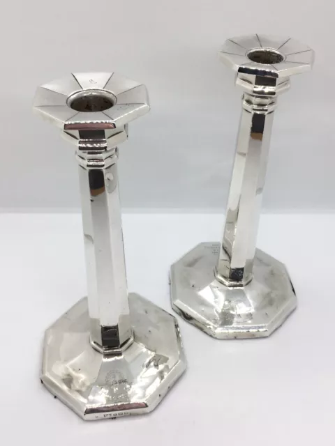 Pair Of Tall 21cm Sterling Silver Candlesticks / Candle Holders - Art Deco Style