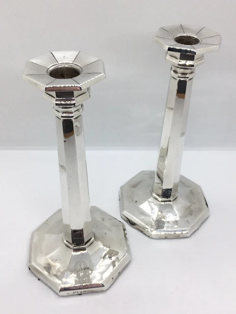 Pair Of Tall 21cm Sterling Silver Candlesticks / Candle Holders - Art Deco Style