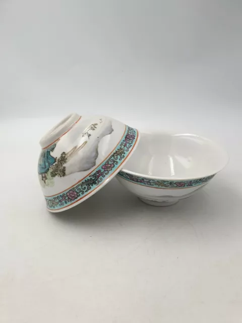 Vtg Chinese Footed Rice Soup Bowls Hand Painted Water View Writing Teal Flo Pair
