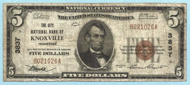 $5 National Currency 1929 - Type 1 - Ch#3837 - City NB, Knoxville, TN - VF