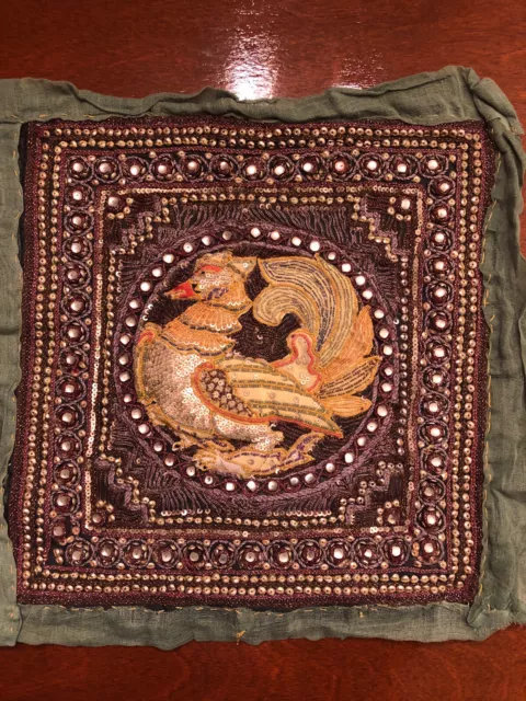 Vintage Thai Burmese Kalaga Exotic Bird Raised Tapestry : Jewels Sequins 3D