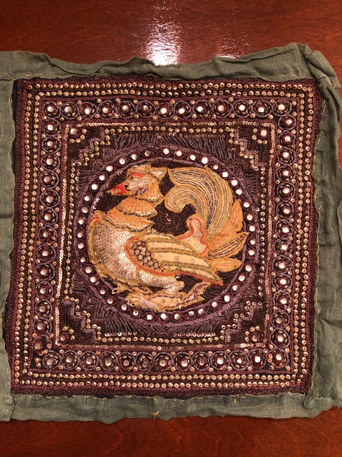 Vintage Thai Burmese Kalaga Exotic Bird Raised Tapestry : Jewels Sequins 3D