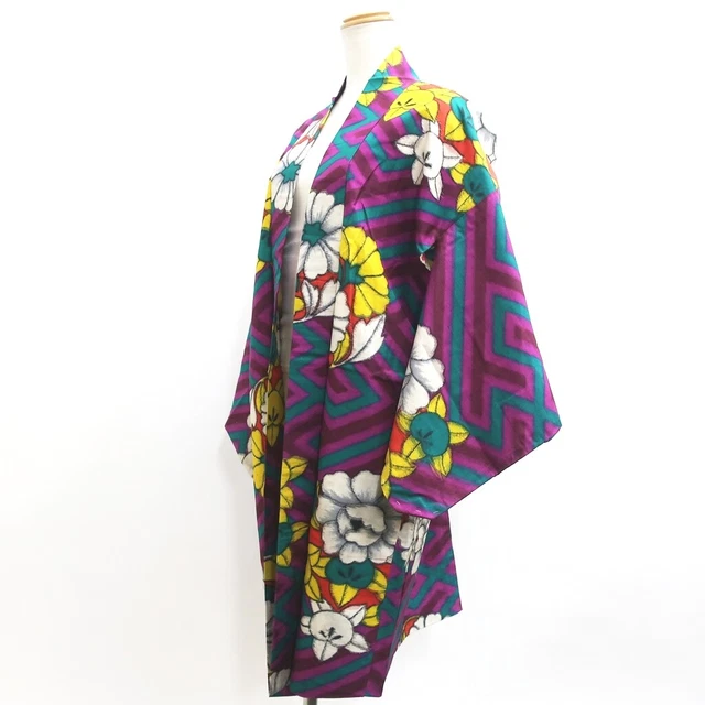 9002C5 Silk Vintage Japanese Kimono Haori Jacket Meisen Sayagata Long