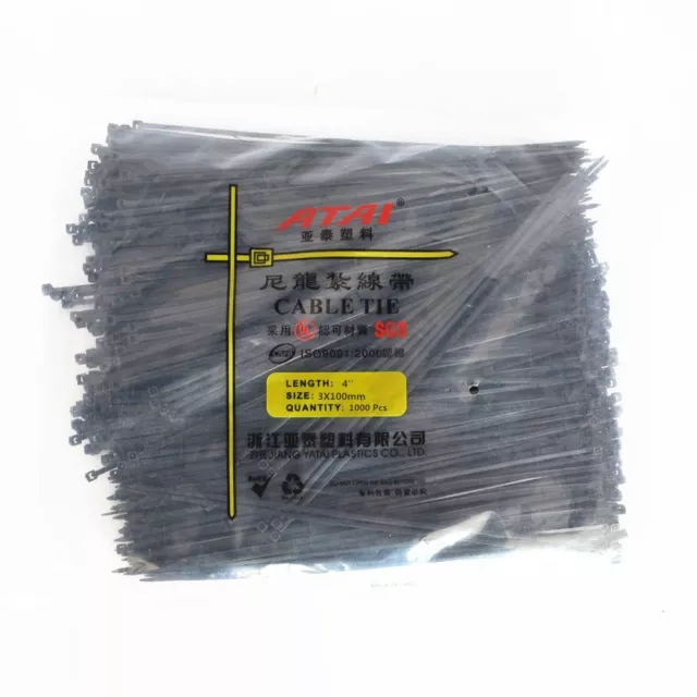 1000PCS  3X100mm ( 4'' Inch) Black Self Lock Plastic Nylon Cable Ties Zip Wire