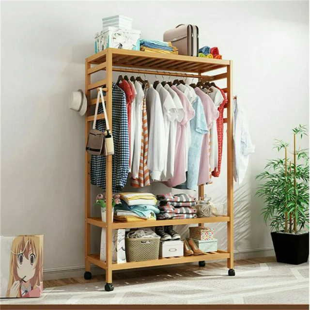 Strong Wooden Clothes Rail Scarf Cart Hanging Garment Coat Rack Rolling Stand 3