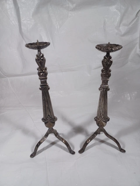 Vintage Artisan Hand Forged Wrought Silver Plated Pair of Candlesticks Holders