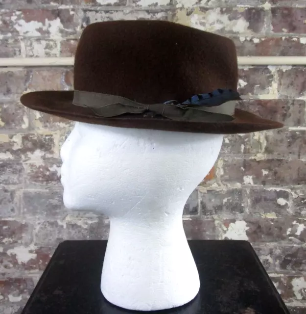 Vintage Brown Wide Brim Wool Felt Crusher Hat w/ Feather Size 6 3/4 Made in USA