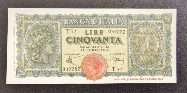 Luogotenenza Banconota 50 Lire Italia Turrita Anno 1944 Fds