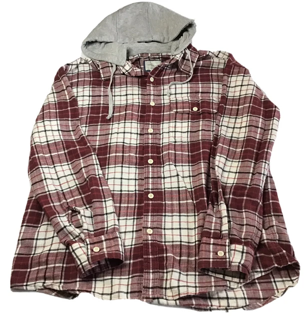 American Eagle - Men’s Plaid Flannel Hoodie Lumberjack - Large, Red/White/Blue