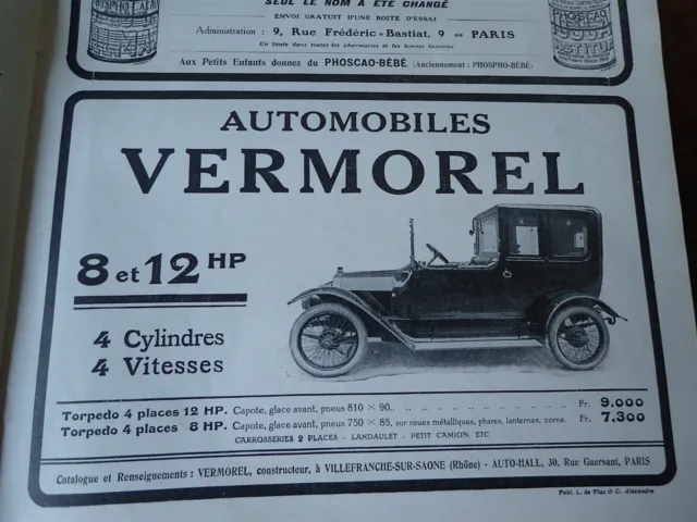VERMOREL 8 et 12 HP torpédo automobile publicité papier ILLUSTRATION 1913 col b