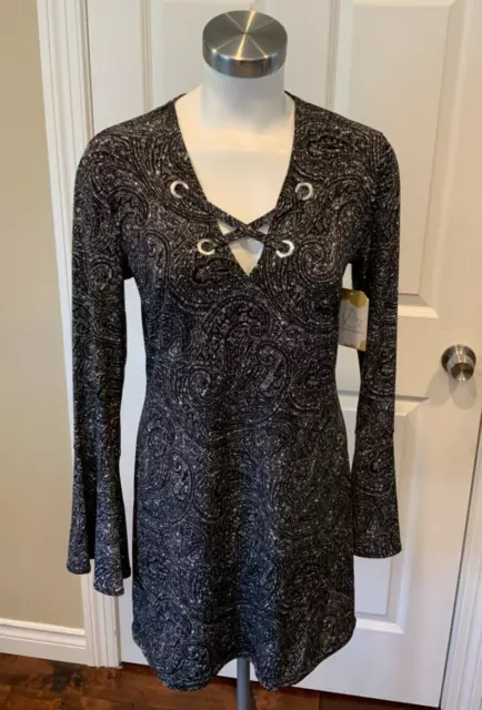 Michael Kors Black & Gray Shift Paisley V-Neck Dress W/ Bell Sleeves, Size M