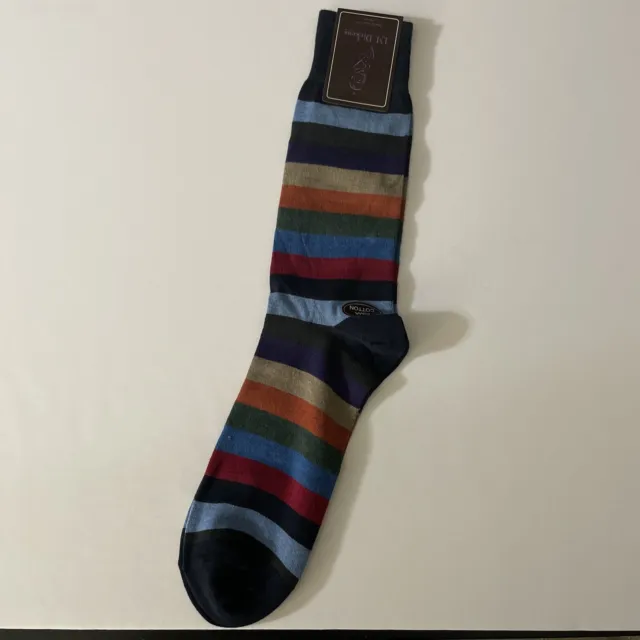 JM Dickens Mens Socks Size Regular Navy Multi-Stripe London Pima Cotton Sox