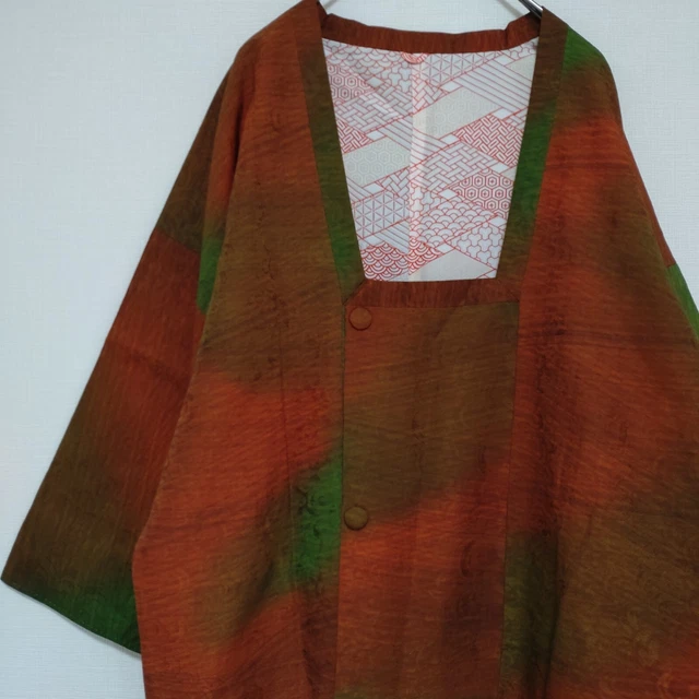 Woman Japanese Kimono Michiyuki-Coat Jacket Silk ReddishBrown Green WovenPattern