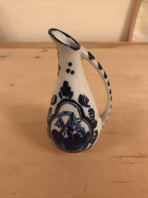 Delft Hand Painted Blue and White Miniature Jug / Ewer 4.5 Inches High .