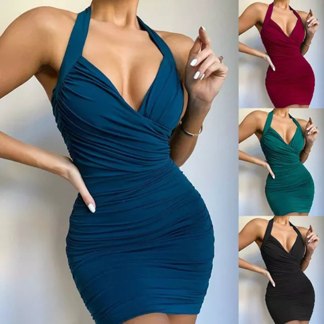 Femme Col V Profond Mini Robe Dos-Nu Moulant Dos Nu Fête Robe Clubbing  *